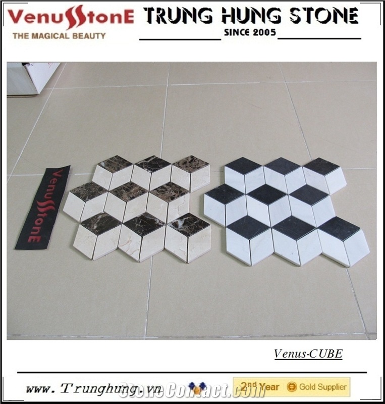 Black and White Cube 3d Marble Mosaic for Modern Decoration- Vietnam Milky White Marble + Vietnam Blue Stone