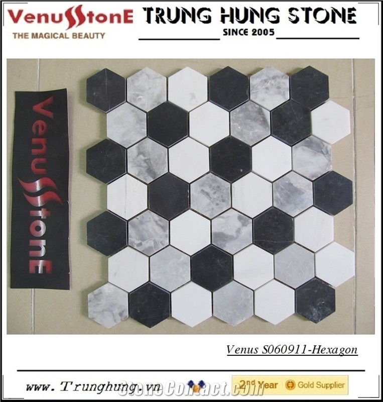 Black Grey White Hexagon Marble Mosaic Tile Polished