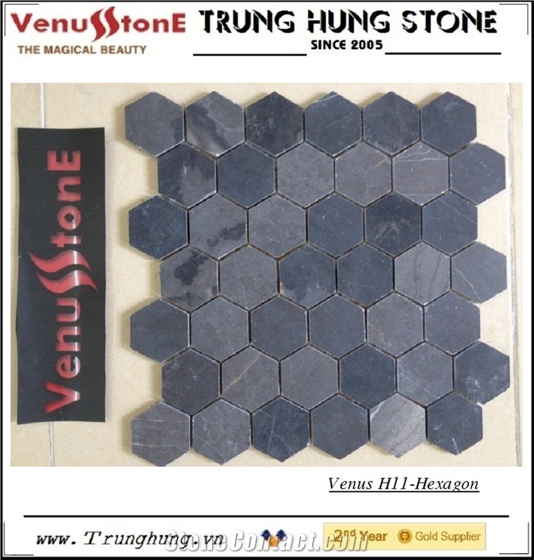 Black Hexagon Marble Mosaic Tile Honed, Vietnam Blue Stone Black Marble Mosaic