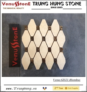 Crema Marfil Rhombus Shaped Marble Mosaic Tile Polished with Dark Emperador Dots