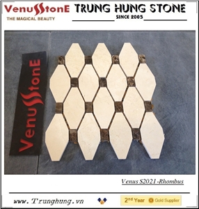 Crema Marfil Rhombus Shaped Marble Mosaic Tile Polished with Dark Emperador Dots