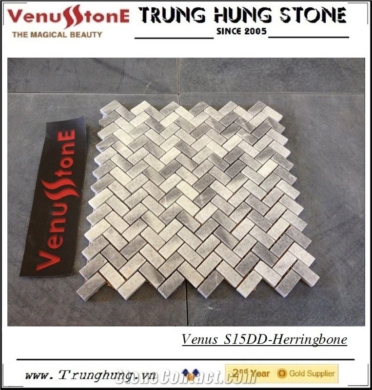 Line Grey Pure White Marble Herringbone Pattern Polished Mosaic Tiles