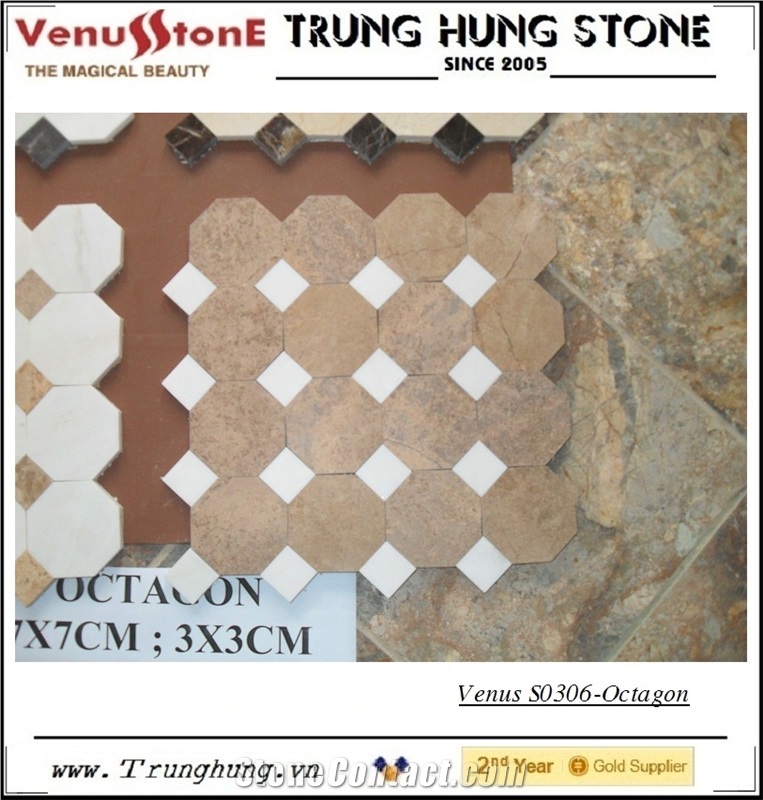 Vietnam Beige Carpet Octagon Marble Mosaic Tile Polished with White Dots