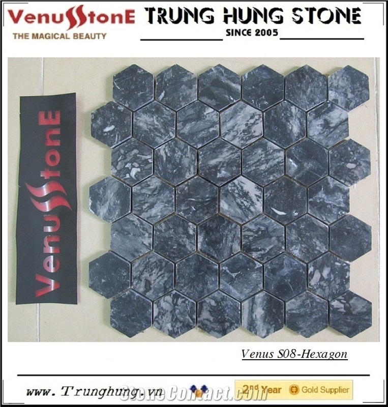 Vietnam Eddy black Hexagon Marble Mosaic Tile Polished