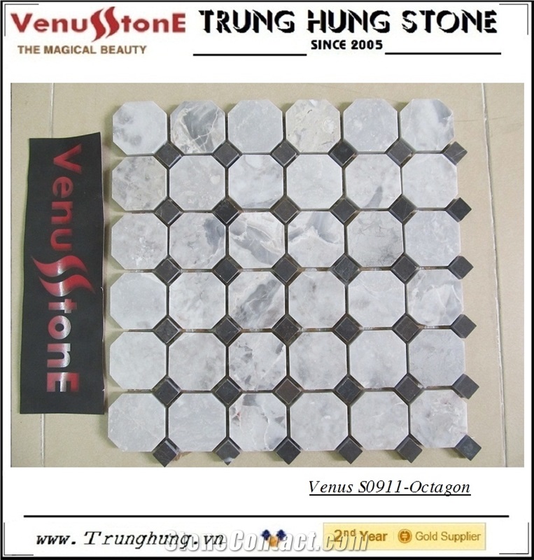 Vietnam Gray Octagon Marble Mosaic Tile Polished with Black Dots