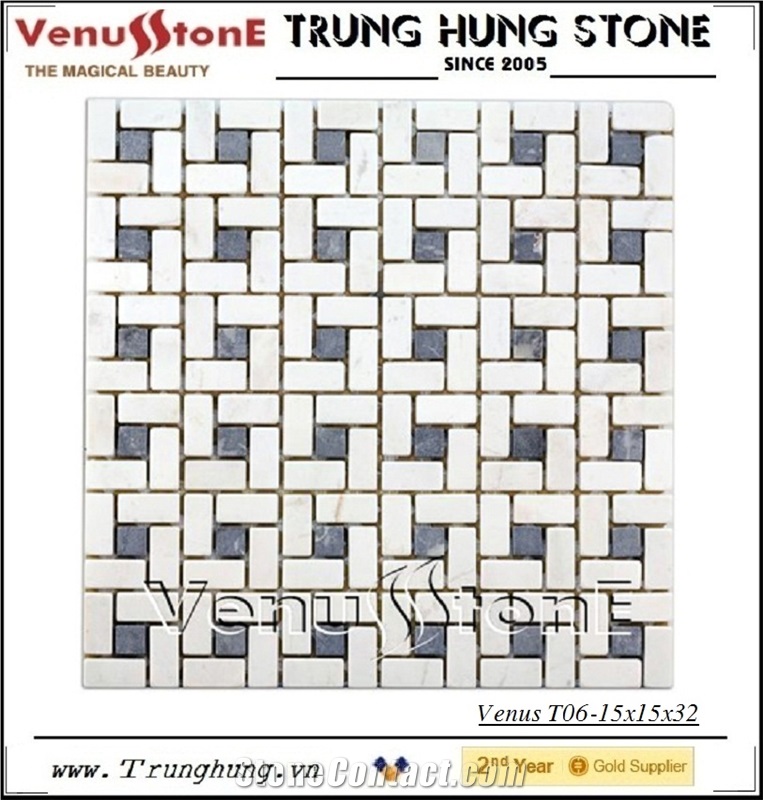 Vietnam Milky White Marble Tumbled Pinwheel Mosaic Tile with Black Dots