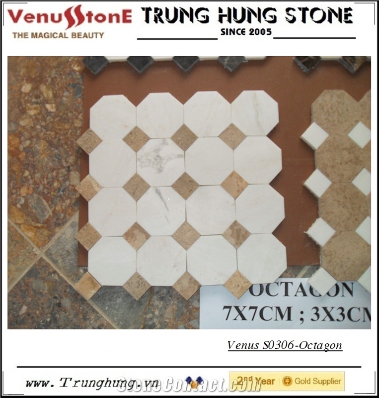 Vietnam Milky White Octagon Marble Mosaic Tile Polished with Beige Dots