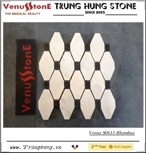 Vietnam Milky White Rhombus Shaped Marble Mosaic Tile Polished with Black Dots