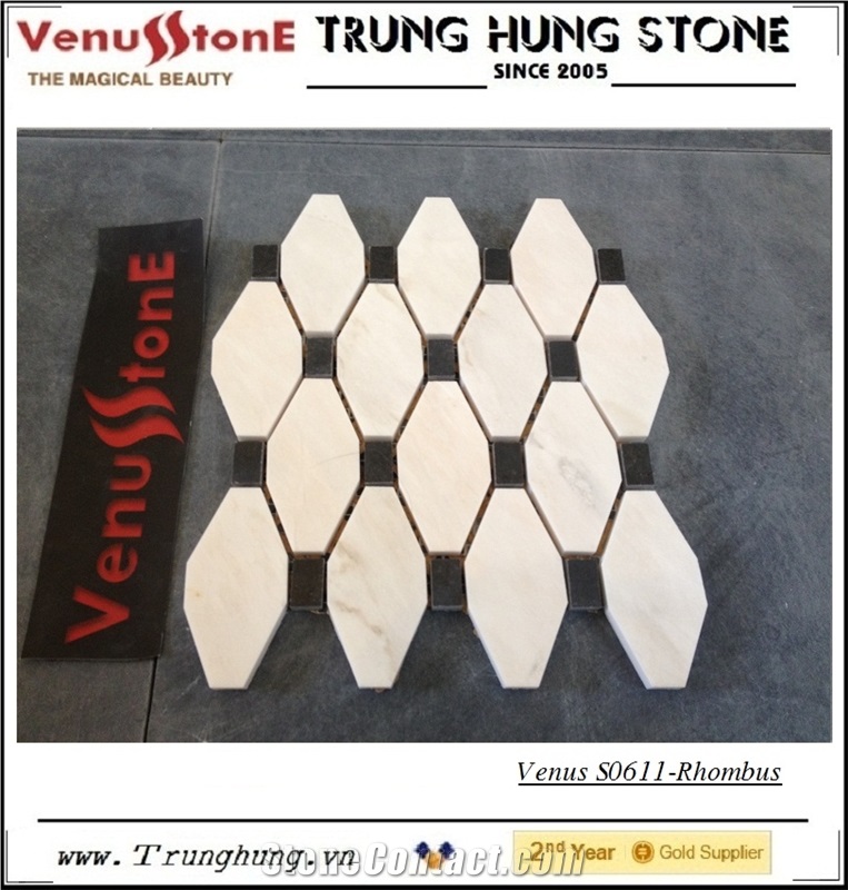 Vietnam Milky White Rhombus Shaped Marble Mosaic Tile Polished with Black Dots