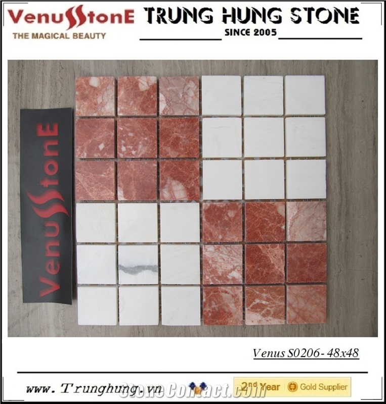 Vietnam Pink Marble + Milky White Marble 48*48 Pink and White Polished Marble Mosaic Tiles