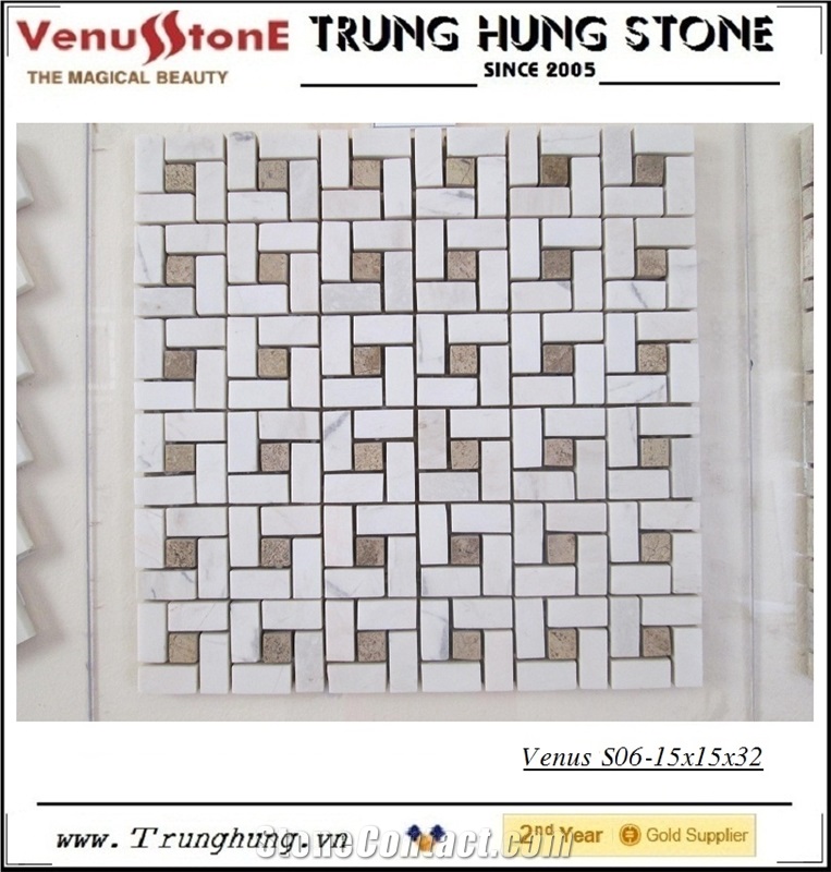 Vietnam White Marble Polished Pinwheel Mosaic Tile with Biege Dots