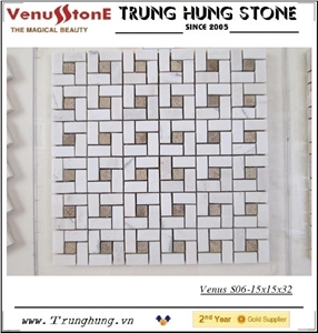 Vietnam White Marble Polished Pinwheel Mosaic Tile with Biege Dots