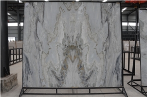 Bookmatched Calacatta Blue Spray Wave China Marble Polished Slabs, White Marble with Grey Marble Tiles & Slab Machine Cutting Panel Lobby Floor Paving