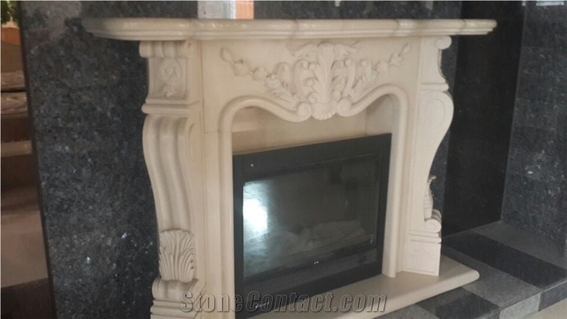 Beige Marble Firepalce, Flower Carving Design Fireplace