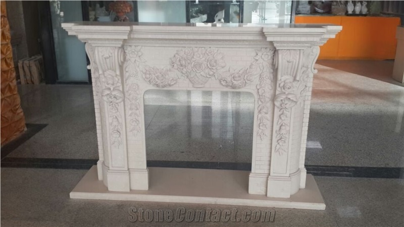 Beige Marble Fireplace with Flower Carving
