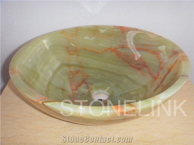 Slsi-016, Naghadeh Green Onyx Basin with Red Vein, Green Onyx Round Basin, Wash Bowls