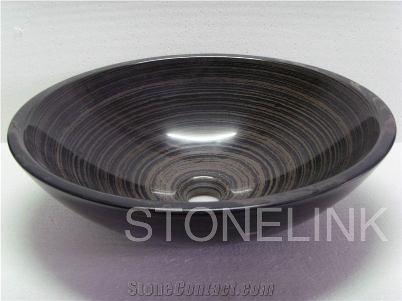 Slsi-022, Chinese Black Wooden Vein Marble Basin, Geogrous Round Basin, Black Wooden Marble Sinks & Basins
