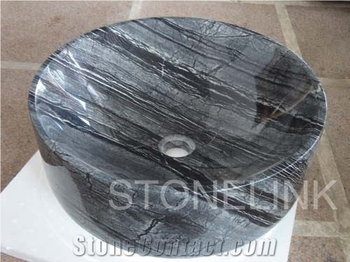 Slsi-076, Black Wood Vein Marble Round Basin, Chinese Balck Marble Wash Bowl