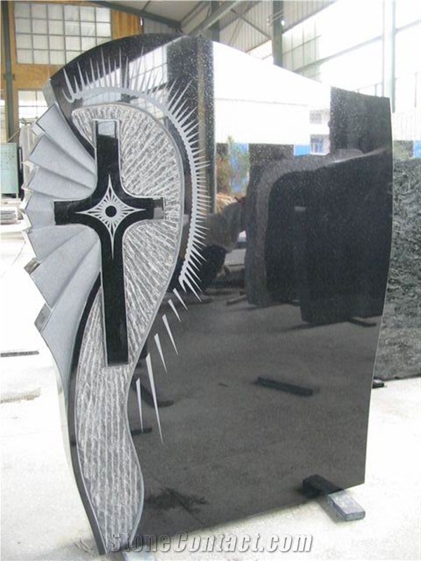 Absolute Black Granite Engraved Monument with Cross,Black Granite Monument, Shanxi Black Granite Monument & Tombstone