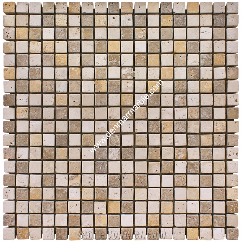 1,5x1,5x1 Mix Travertine Tumbled Mosaic, Multicolor Travertine Turkey Mosaic