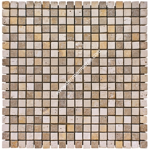 1,5x1,5x1 Mix Travertine Tumbled Mosaic, Multicolor Travertine Turkey Mosaic