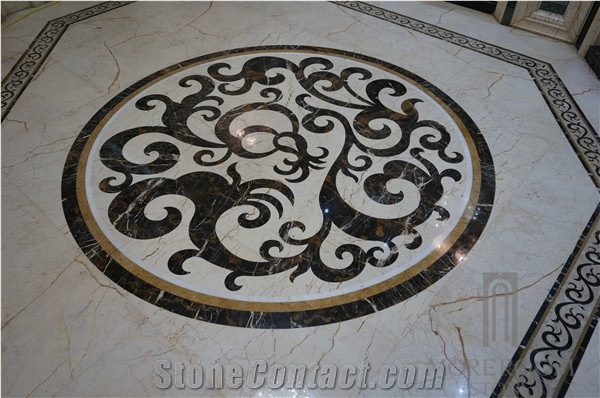 Turkey Beige Marble Composited Marble Waterjet Medallion Tile Round Mosaic Medallion Floor Patterns