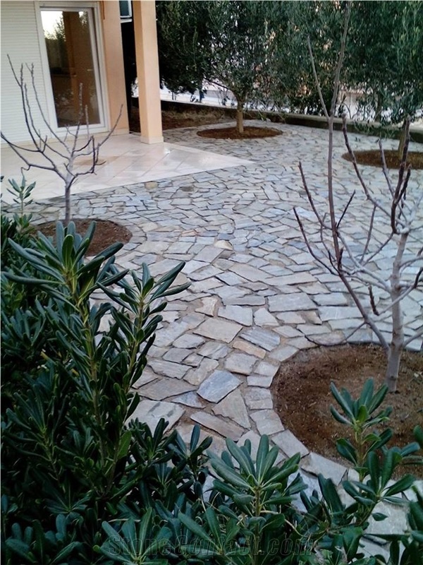 Flagstone Tiling Around Olive Trees, Grey Slate Flagstone