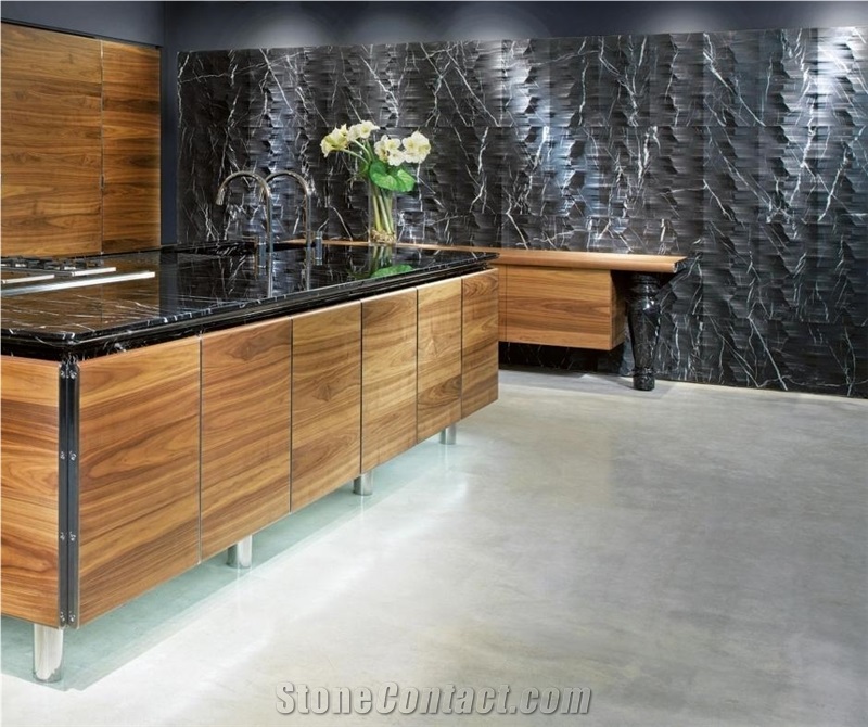 Nero Marquina Select Marble Kitchen Top, 3d Wall Panel Application