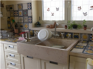 Perlato Coreno Limestone Kitchen Top with Farm Sink