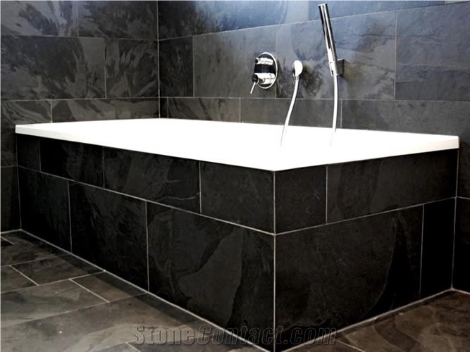 Black Graphite Slate Natural Cleft, Honed Bathroom Design