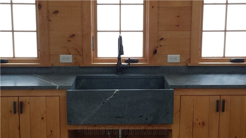 Alberene Soapstone Kitchen Perimeter Countertop and Farm Sink, Dark Grey Soapstone Vanity Tops