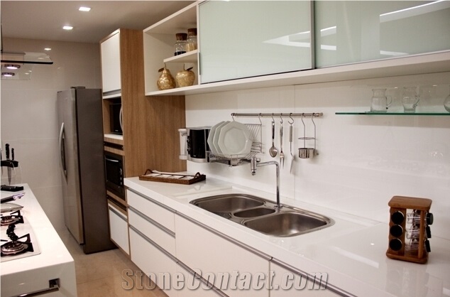 Silestone White North Spot Crystallized Glass Countertop, White Quartz Kitchen Countertops