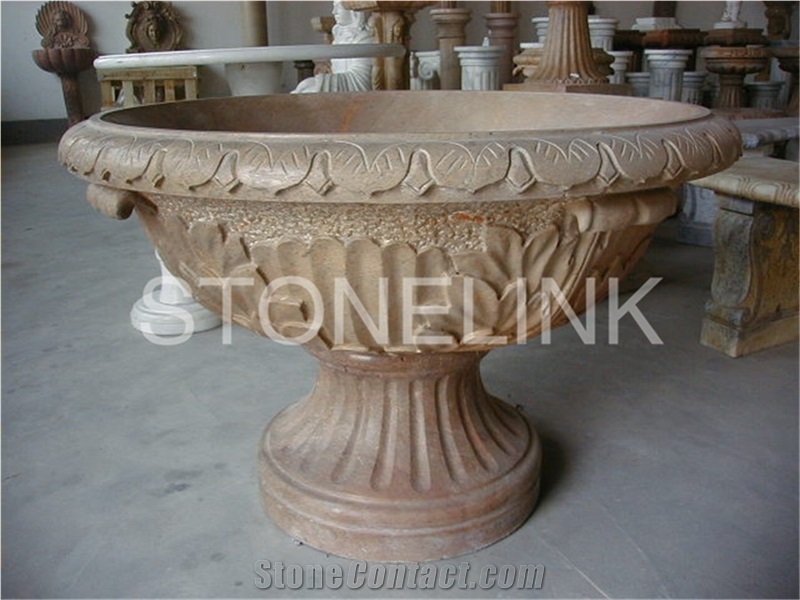 Slfl-006,Yellow Marble Hand Carved Natural Stone Park Flowerpots