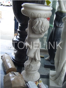 Slfl-012,Hand Carved White Marble Flowerpot with Children Statue