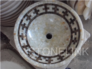 Slsi-179, China Beige Onyx Mosaic Round Basin & Sink, Mosaic Wash Bowl