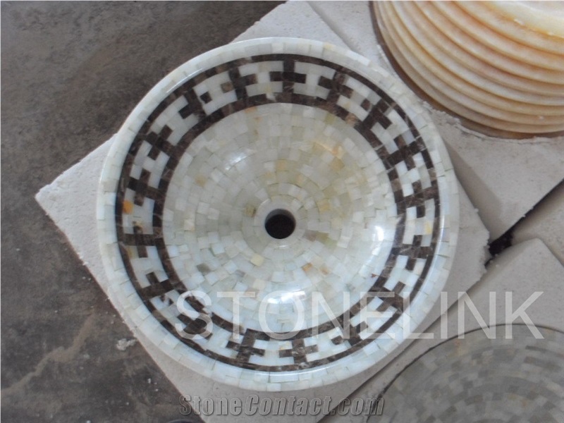 Slsi-179, China Beige Onyx Mosaic Round Basin & Sink, Mosaic Wash Bowl