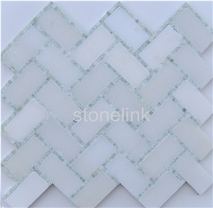 White Marfil & Ming Green Herringbone Mosaic