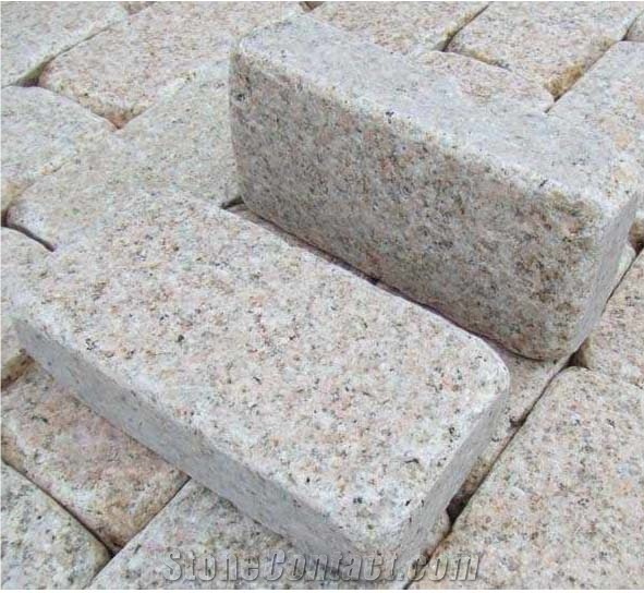 Fargo G682 Granite Flamed and Tumbled Cube Stone, Yellow Granite Antique Finish Cobble Stone, Sunset Gold Tumbled Paving Stone for Courtyard Road, Driveway/Walkway Paving, Garden Stepping