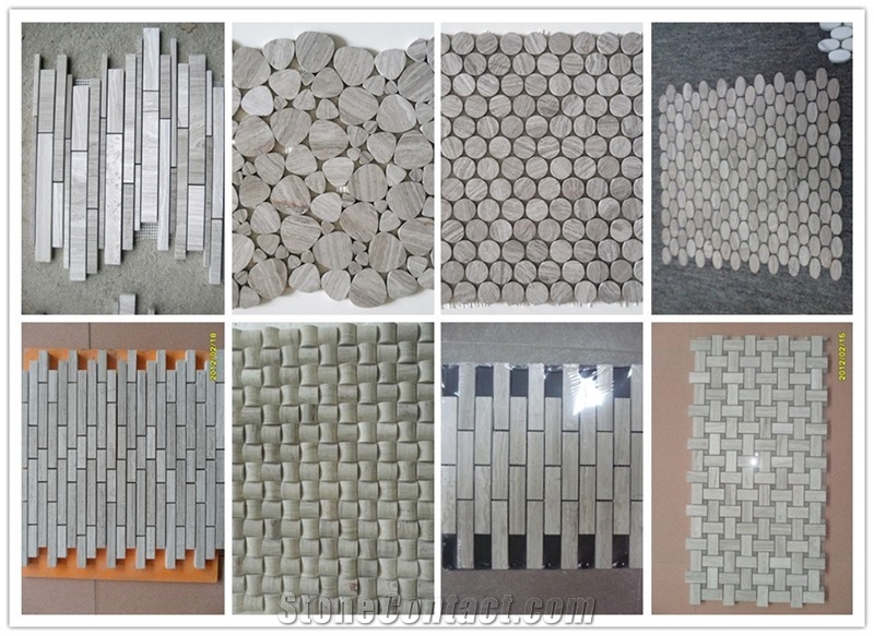White Wood Vein and Grey Wood Vein Marble Modaic Tiles,China White and Grey Marble Mosaics