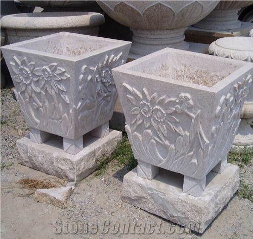 White Granite Flower Pot, Granite Stone Flower Pot, Garden Flowerpot