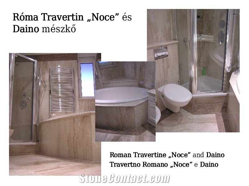 Travertino Romano and Daino Reale Marble Bathroom Design, Beige Marble Bathroom Design