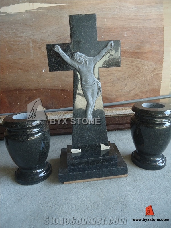 Red Granite Cross Headstone with Jesus Sculpture