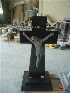 Red Granite Cross Headstone with Jesus Sculpture