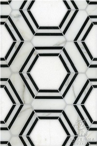Carrara White+Nero Mixed Marble Hexagon Mosaic Polilshed