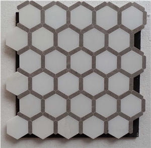 Cinderalla Grey+Pure White Mixed Joint Tight Hexagon Polished Marble Mosaic