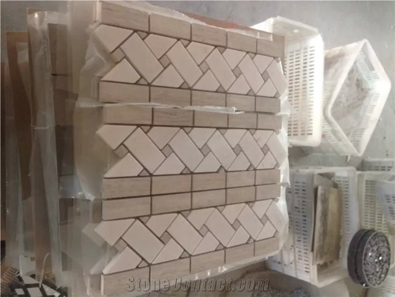 Wooden White+Aristone White Basketweave Border,Mosaic Polished