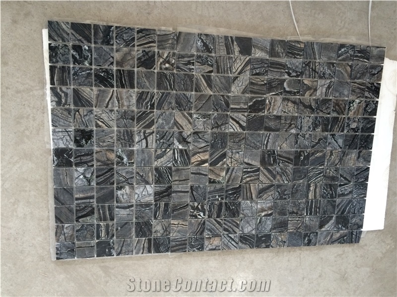 Zebra Black Marble Mosaic, Wooden Antique Polished Mosaic