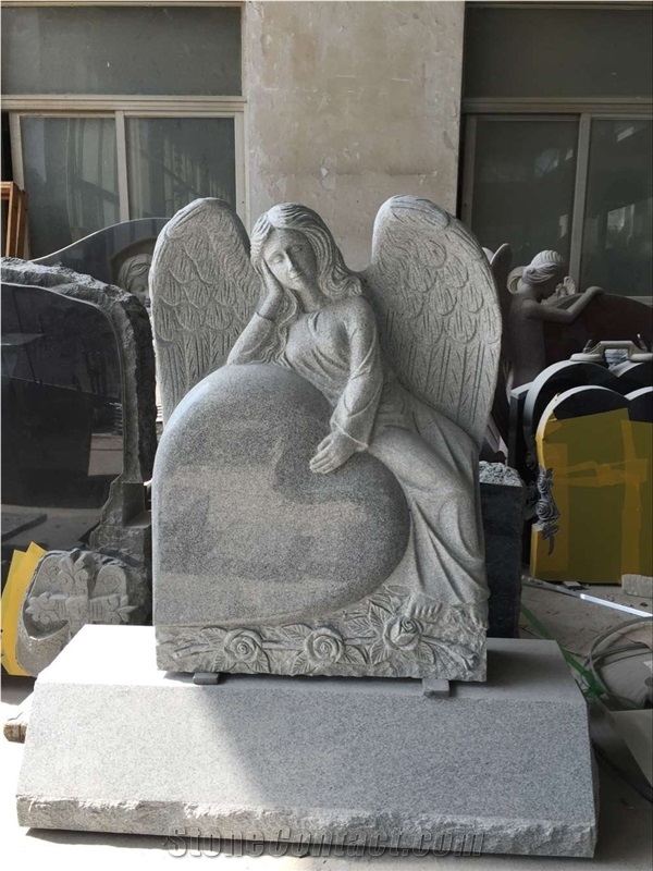 Chinese Seasame Grey Granite G633 Granite Headstone, Hand Carved Angel Monuments, Heart Tombstones