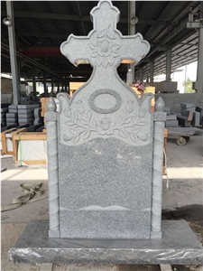 Seasame Grey Granite Monuments, Chinese G633 Misty Grey Handcarved Cross Headstone