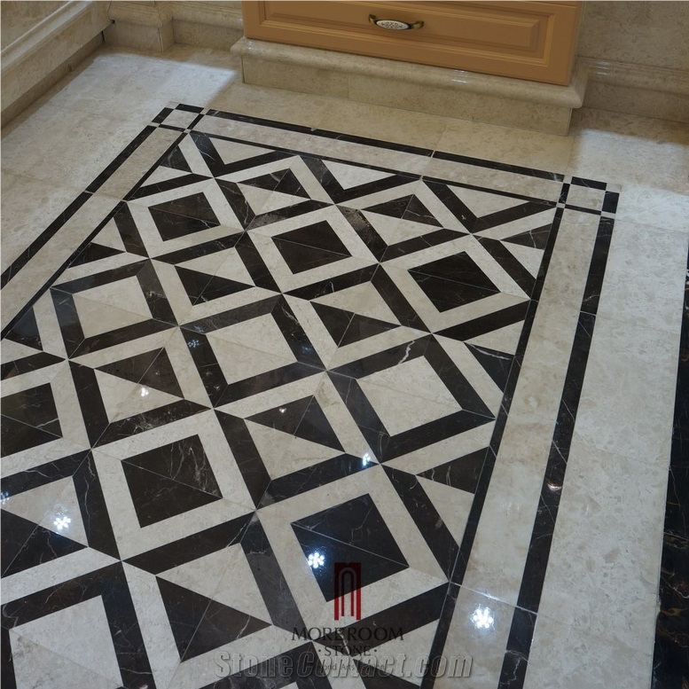 Spain Nero Marquina Marble Waterjet Medallion Floor Medallion Square Medallion Marble Floor Tile for Bathroom Design
